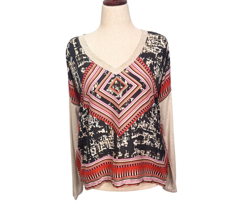 CAbi Aztec top long sleeve 100% silk front loose fit v neck black cream red Sz S